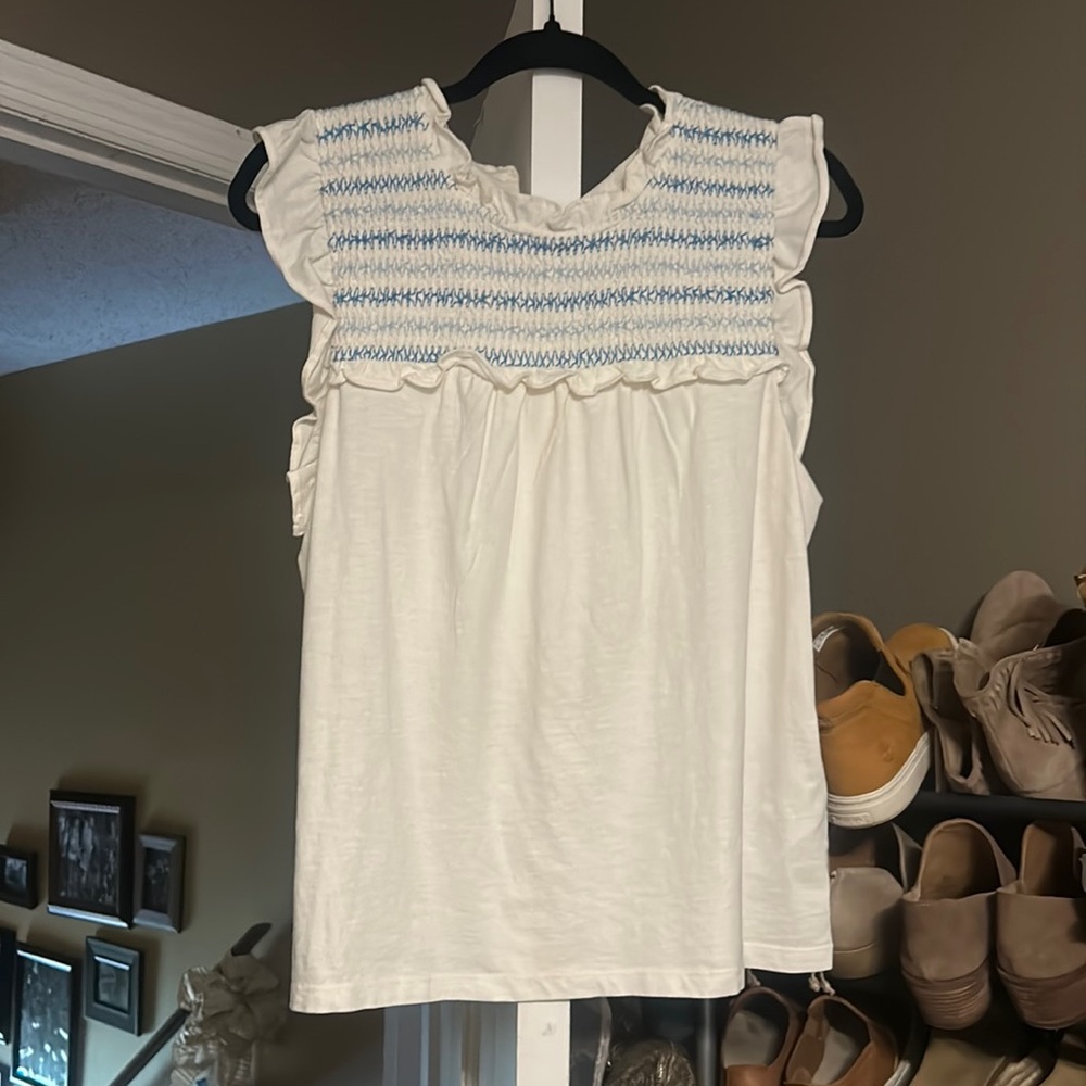 Jcrew smocked sleeveless top, cream + blue